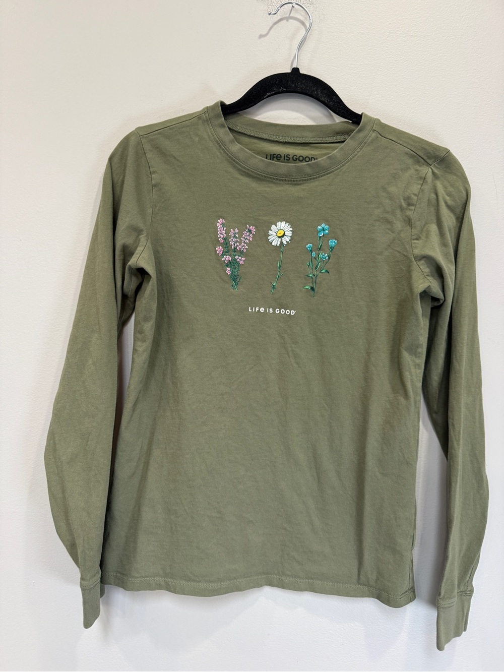 Life Is Good Olive Green Long Sleeve Tee with Embroidered Wildflowers